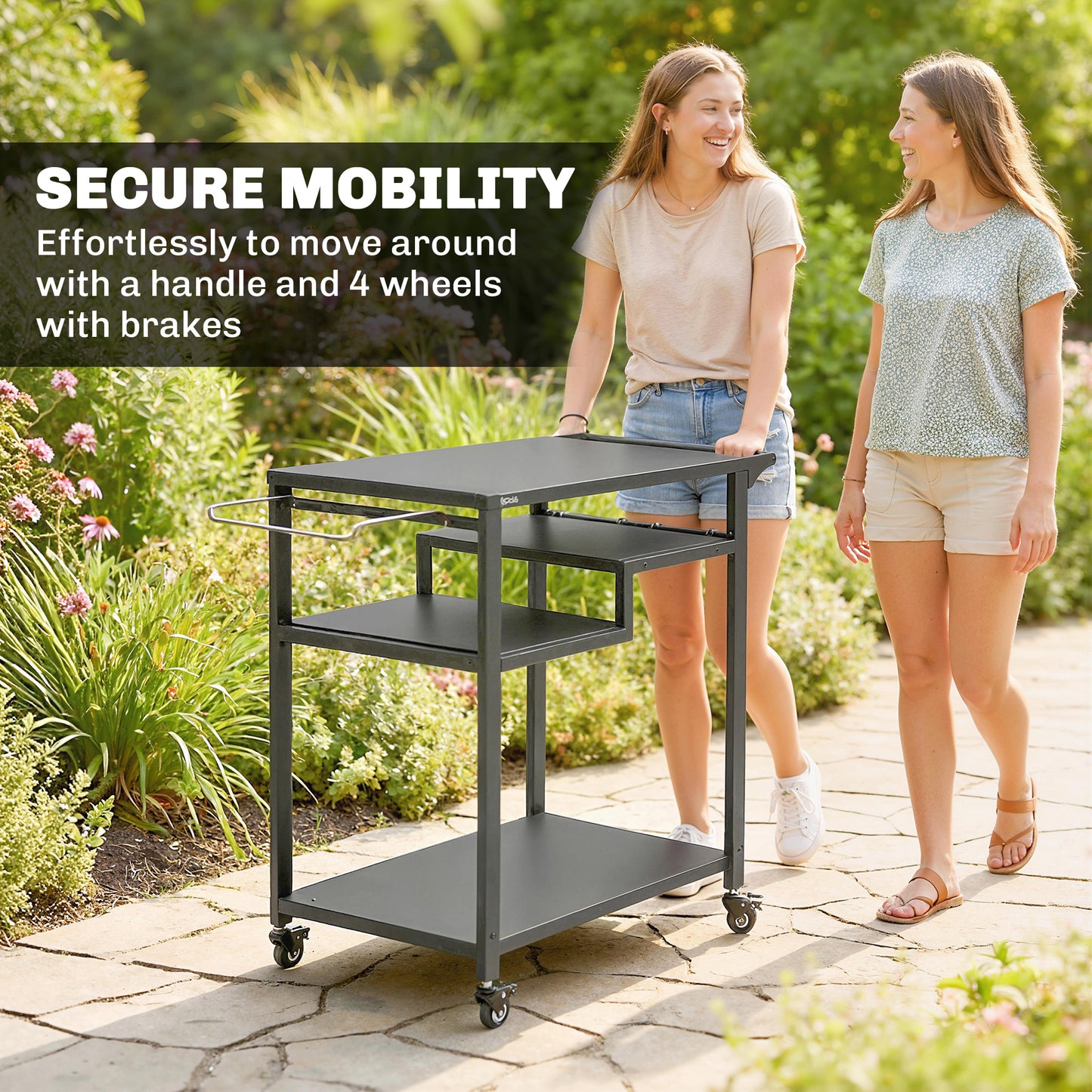 Outdoor Grill Cart, Movable Food Prep Table on Wheels, Black
