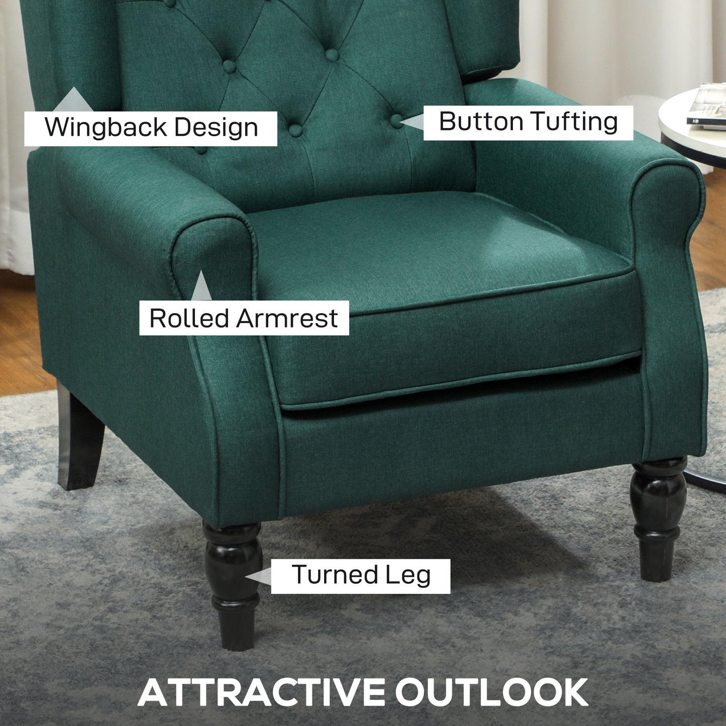 Accent Chair Wingback Armchair Tufted Club Wood Fabric, Dark Green