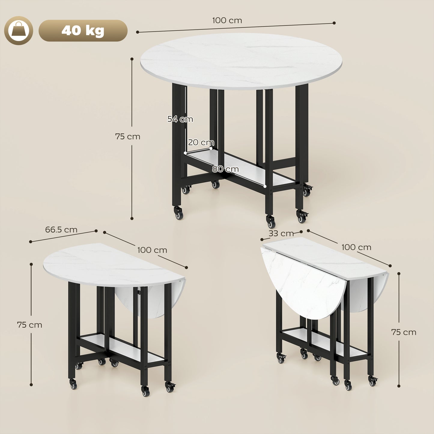 Folding Dining Table, Drop Leaf Table with Open Shelf, White Marble