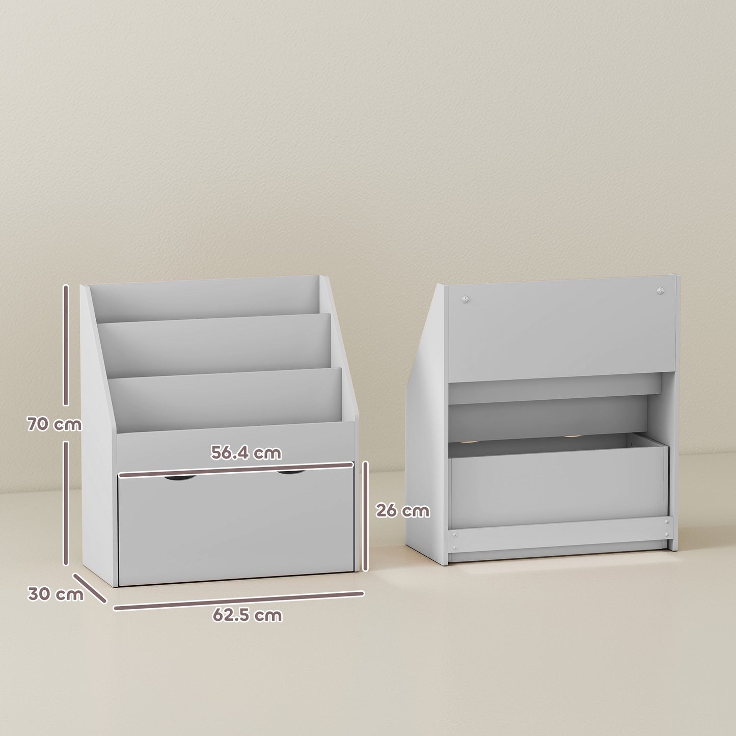 Kids Bookcase w/ 3 Tier Shelves, Drawer, for Bedroom, Nursery, Grey