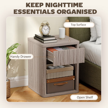 Modern Nightstand with Drawer and Open Shelf, Set of 2, Oak