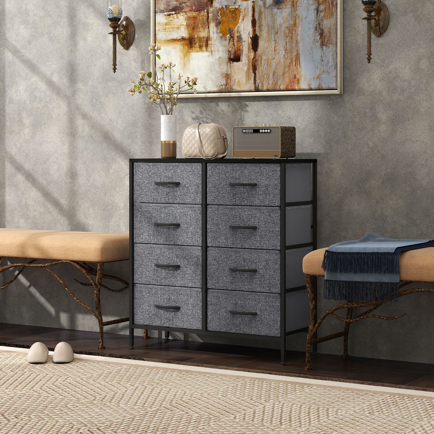 8 Drawer Fabric Chest of Drawers w/ Wooden Top for Hallway Black