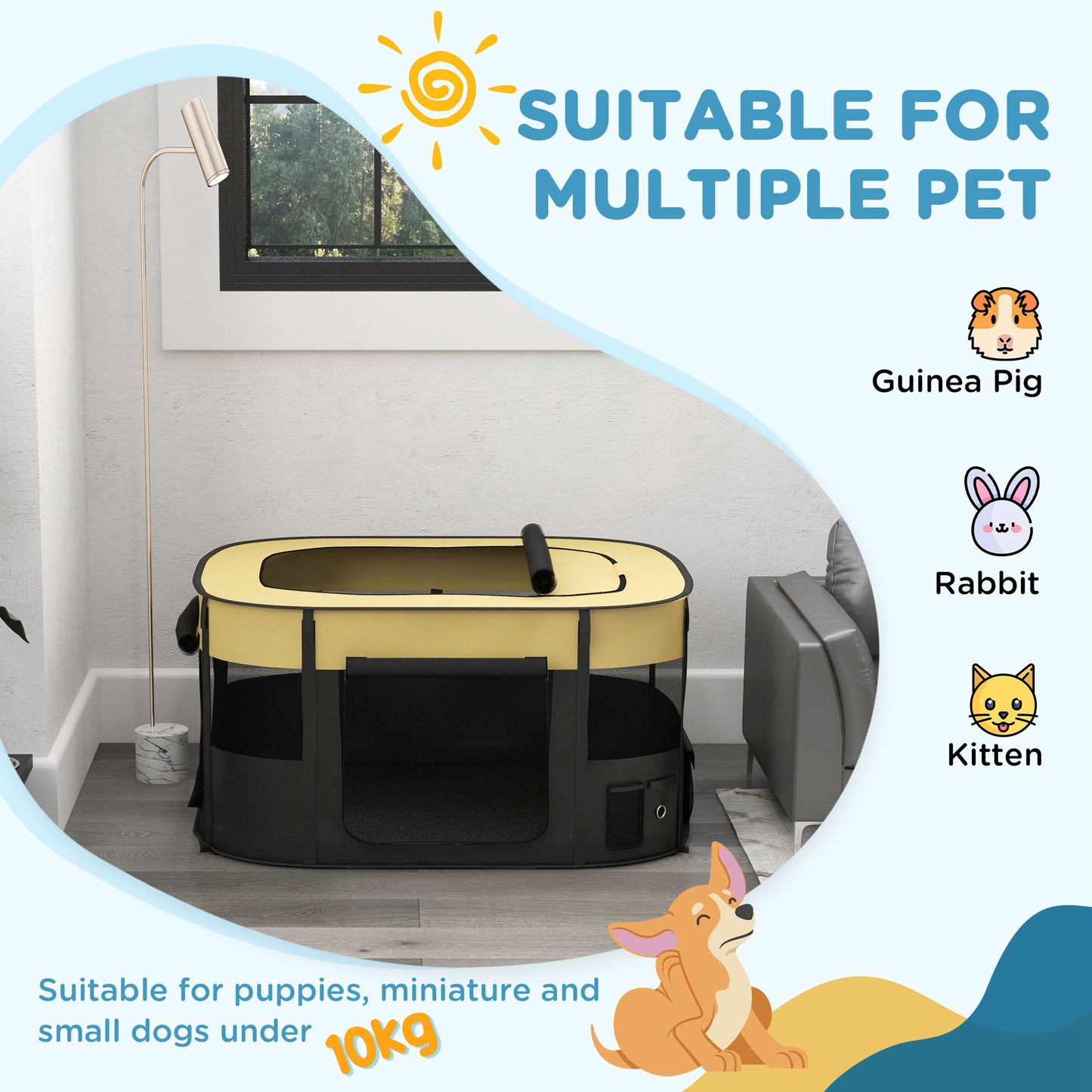 Portable Dog Pen for Puppies, Rabbits, Kittens, Guinea Pigs - Yellow