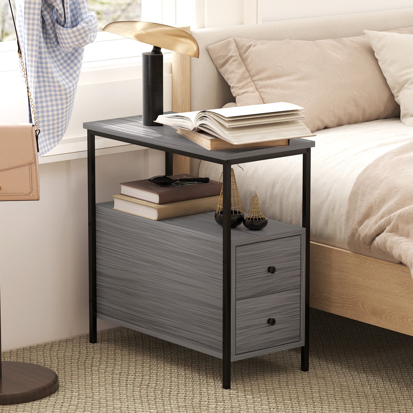Narrow End Table, Sofa Side Table with 2 Drawers Storage Shelf, Grey