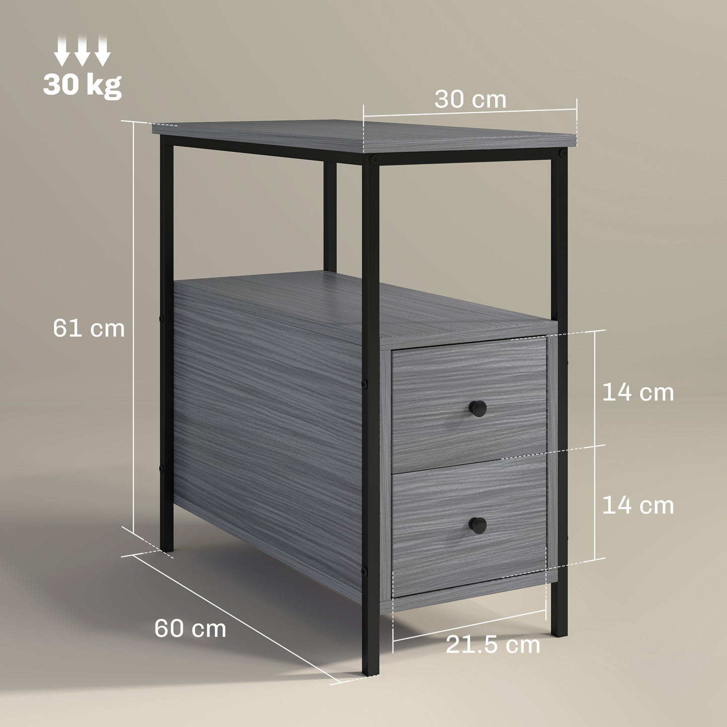 Narrow End Table, Sofa Side Table with 2 Drawers Storage Shelf, Grey