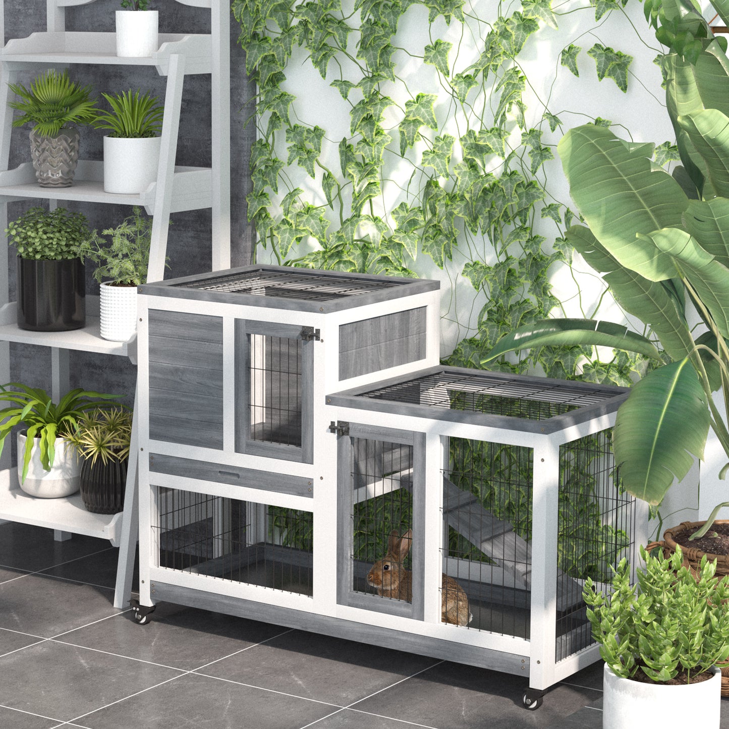 Wooden Indoor Rabbit Hutch Guinea Pig House Bunny Small Animal Cage W/ Wheels Enclosed Run 110 x 50 x 86 cm, Grey