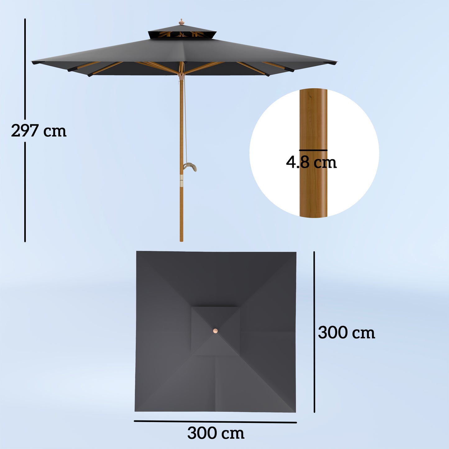 3(m) Wood Square Umbrella Garden Market Parasol Sunshade Black