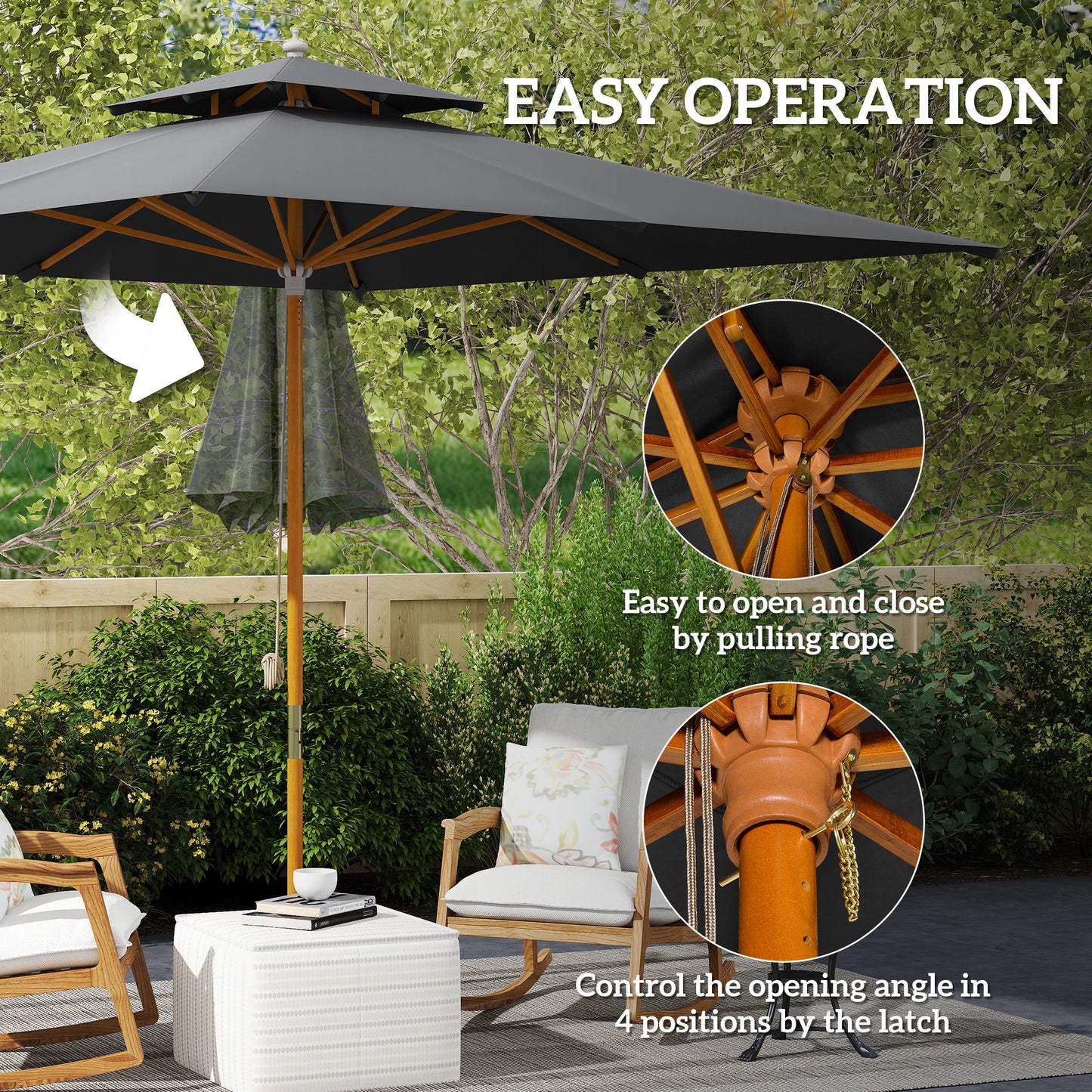 3(m) Wood Square Umbrella Garden Market Parasol Sunshade Black