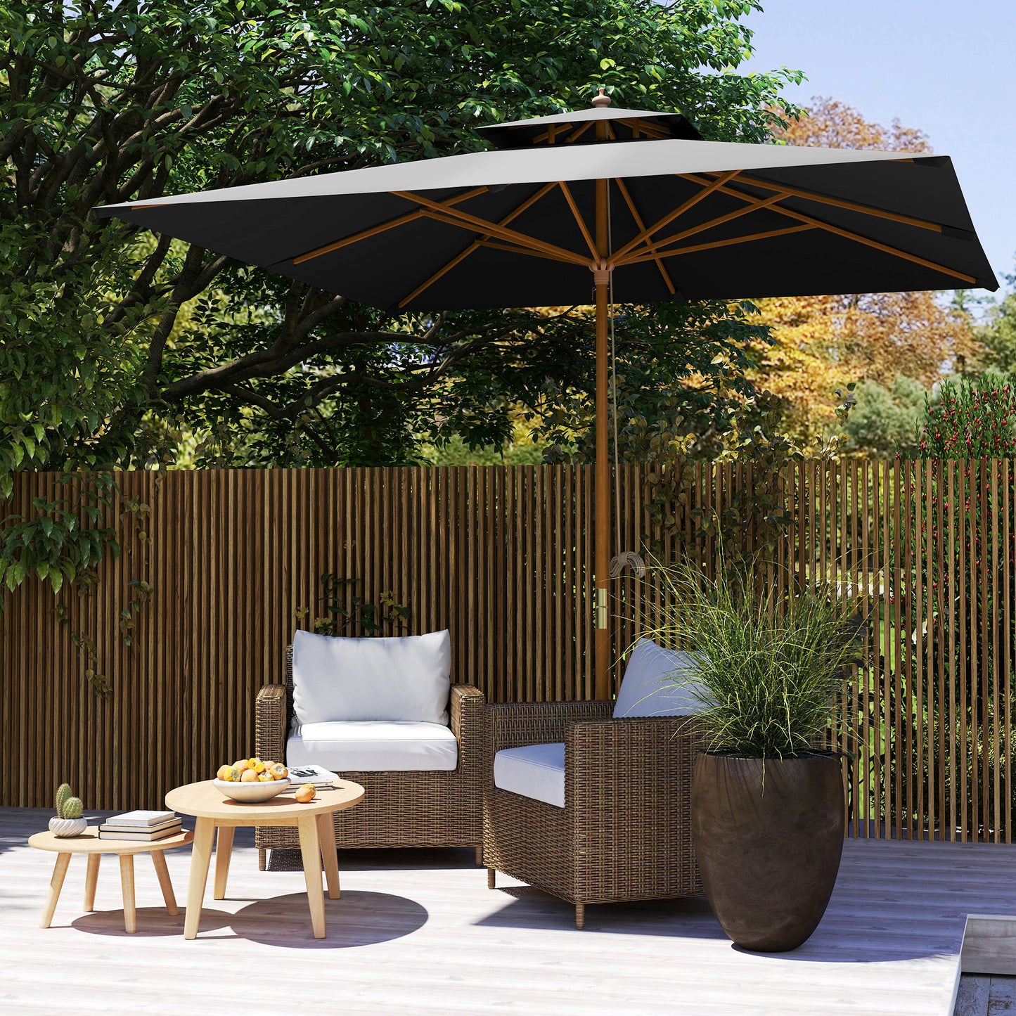 3(m) Wood Square Umbrella Garden Market Parasol Sunshade Black