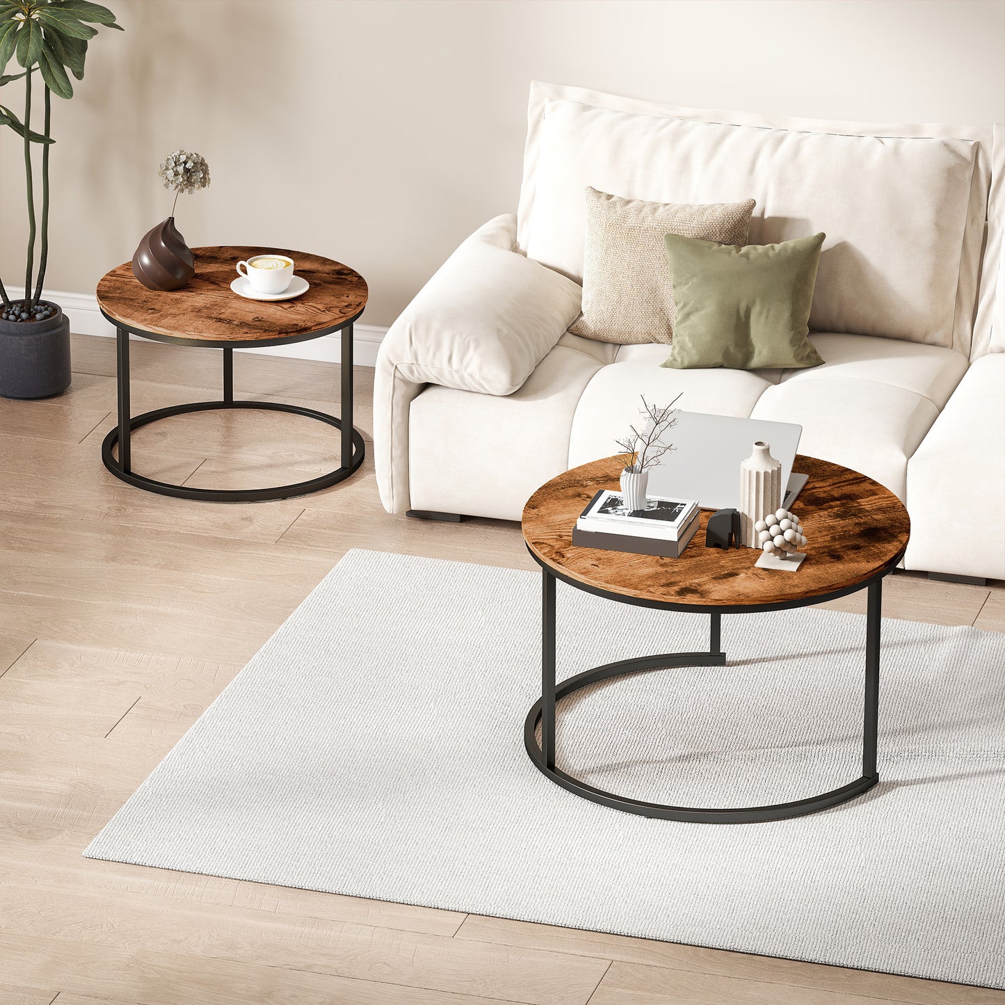 Marble Coffee Table Set of 2, Round Nest of Tables, Rustic Brown