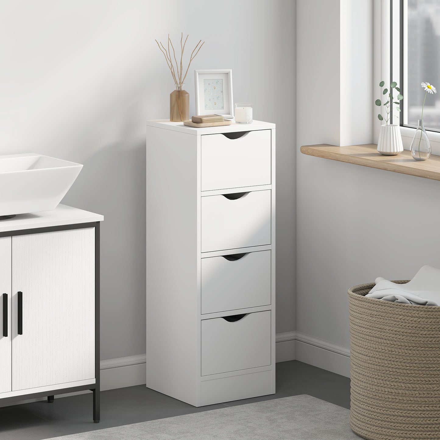 4-Drawer Bathroom Cabinet, Freestanding Narrow Cabinet, White