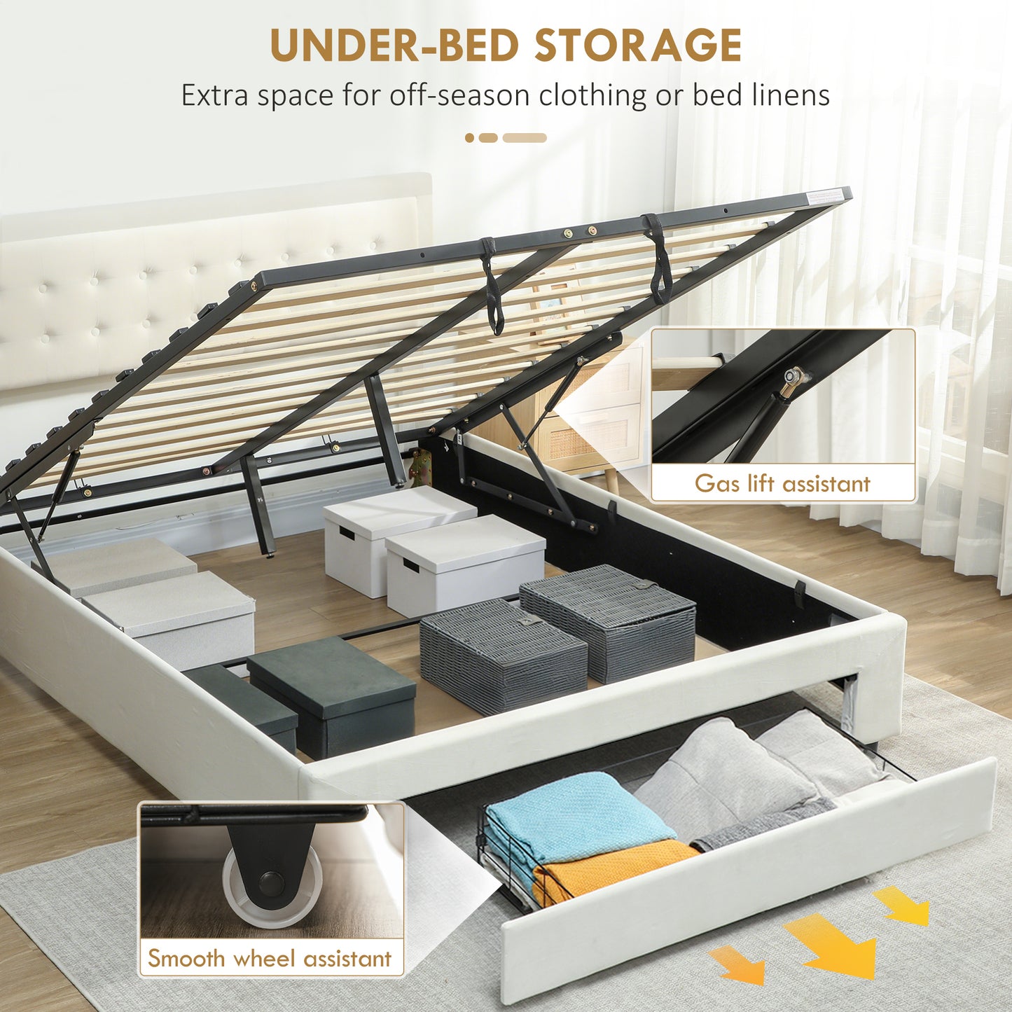 King Size Bed Frame with Storage and Adjustable Headboard, Cream
