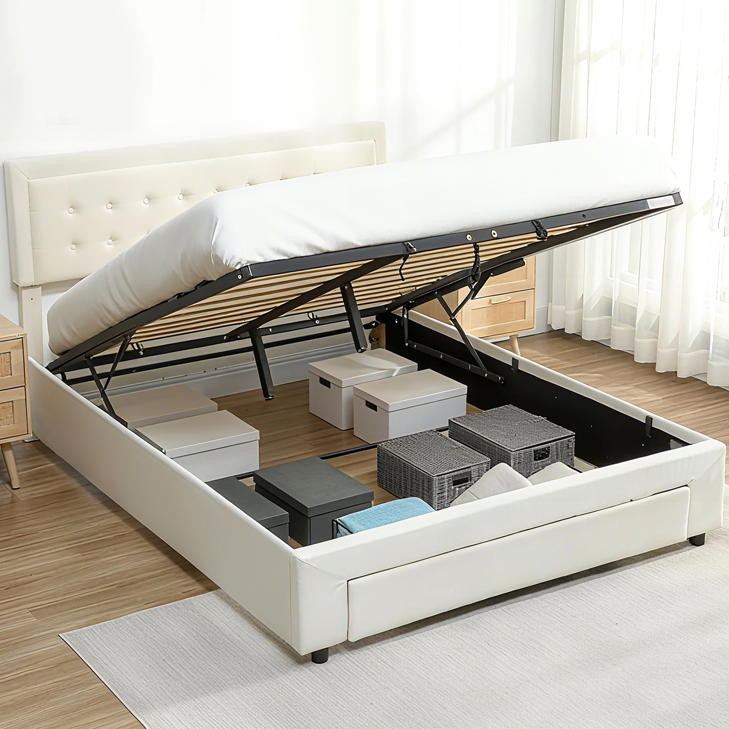 King Size Bed Frame with Storage and Adjustable Headboard, Cream