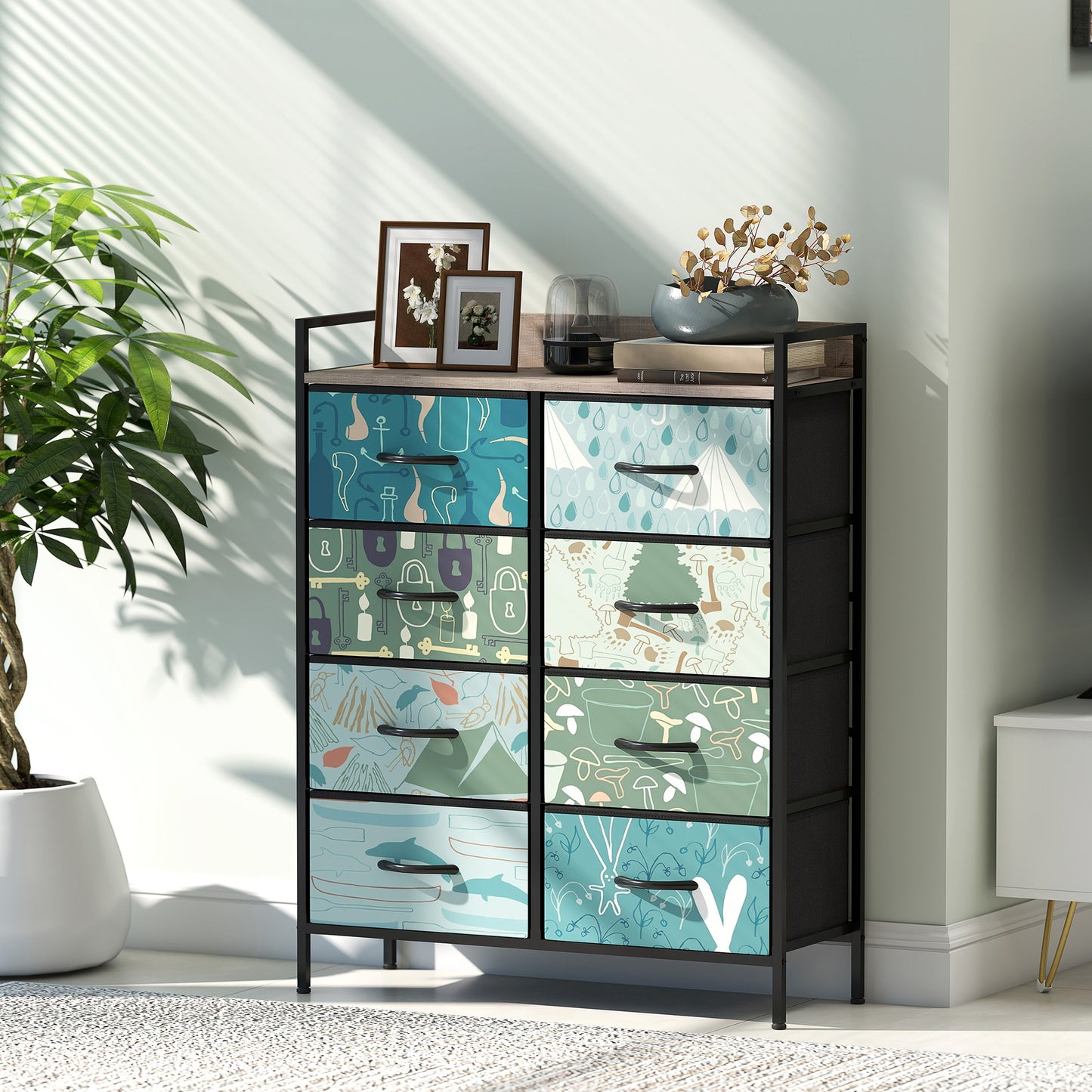 8-Drawer Chest of Drawers, Fabric Dresser with Open Shelf, Blue