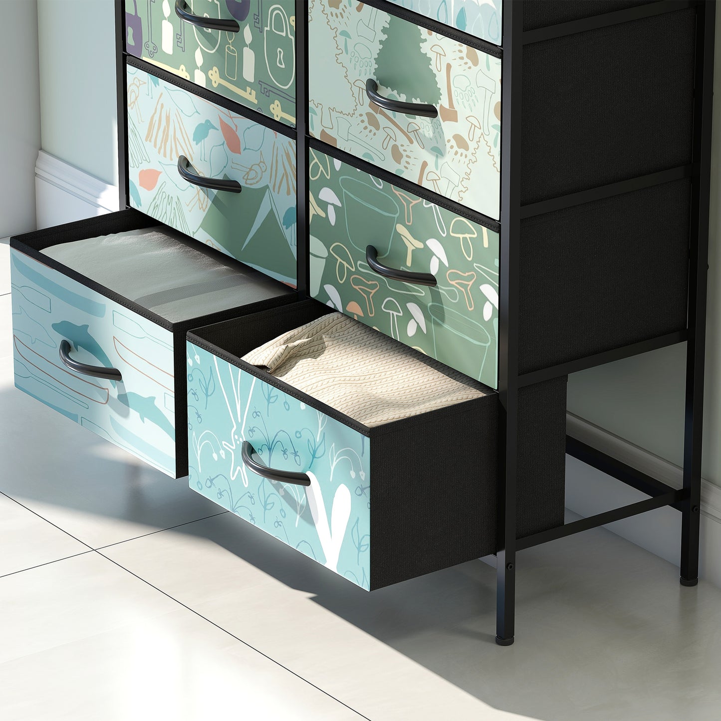 8-Drawer Chest of Drawers, Fabric Dresser with Open Shelf, Blue