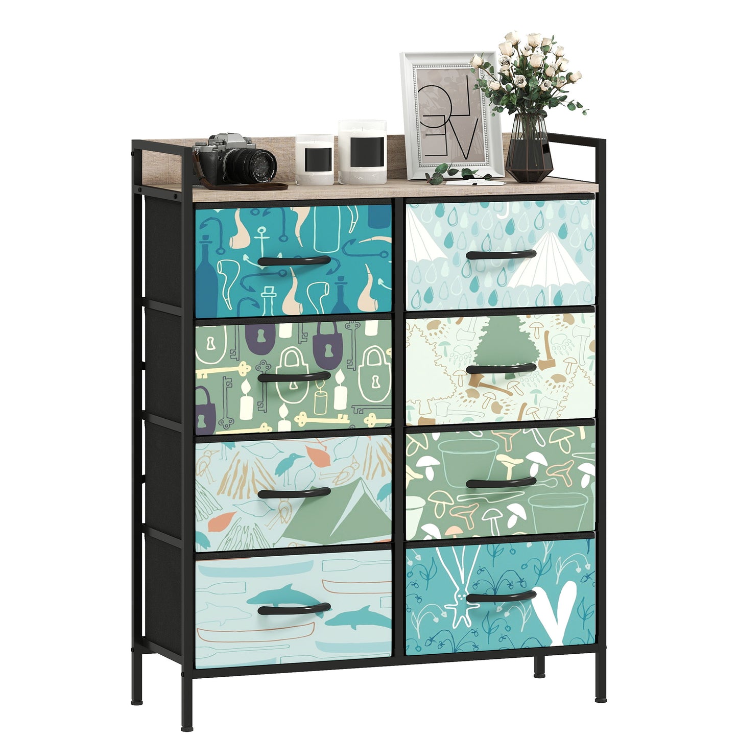 8-Drawer Chest of Drawers, Fabric Dresser with Open Shelf, Blue