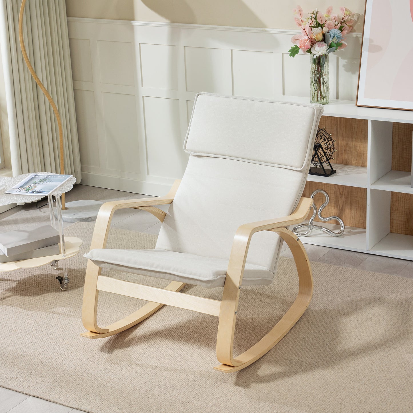 Comfortable Relax Rocking Chair with High Back, Cream White