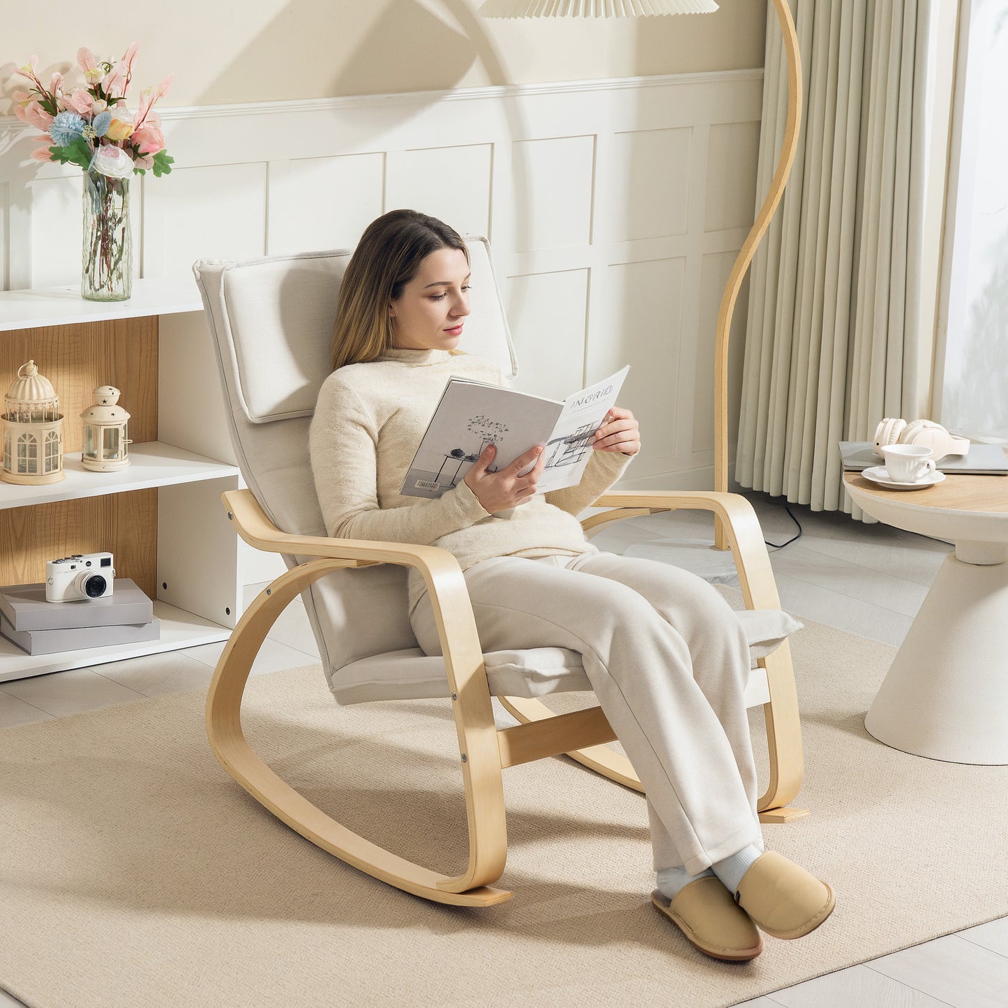 Comfortable Relax Rocking Chair with High Back, Cream White
