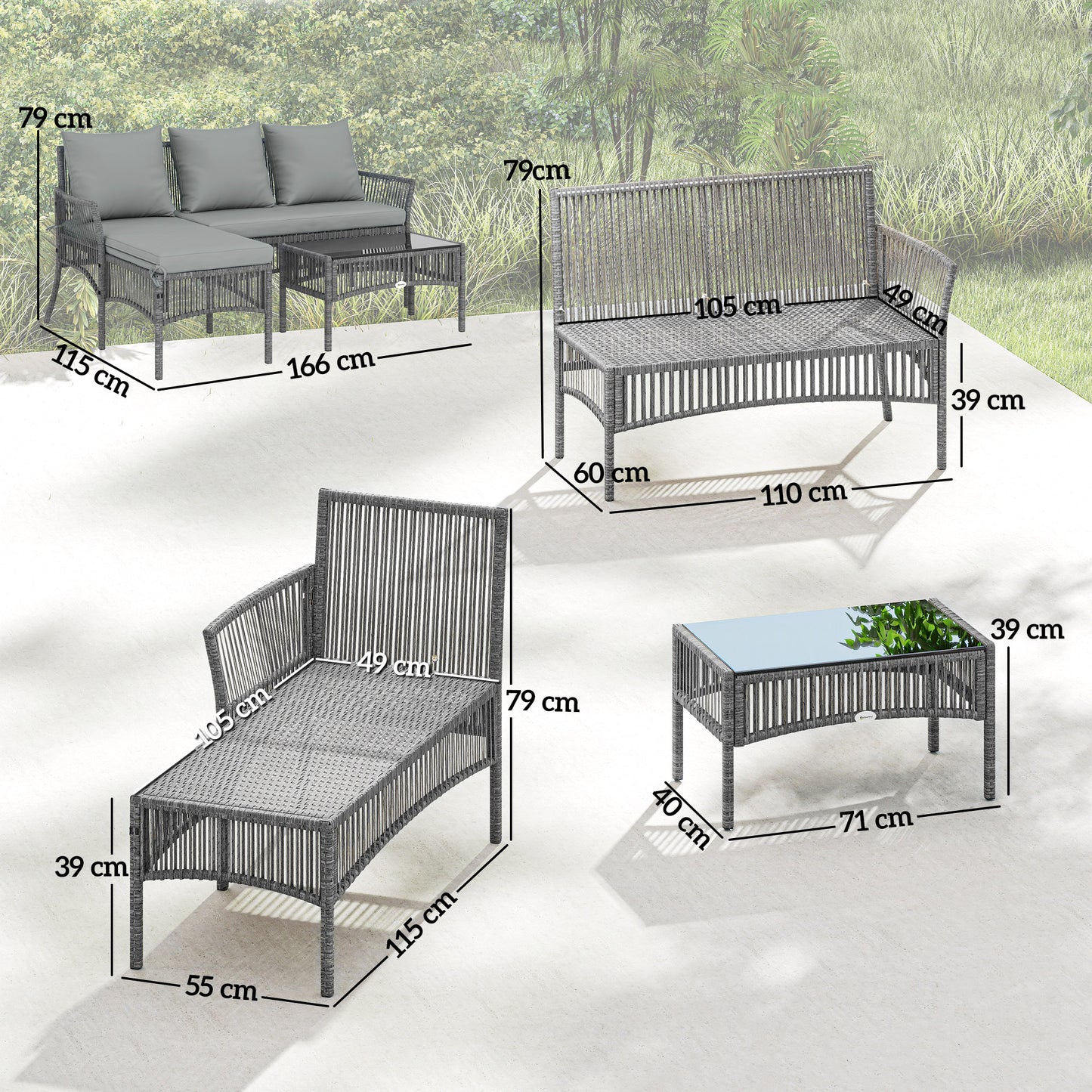 3 Piece Rattan Garden Furniture Set with Cushions, Dark Grey