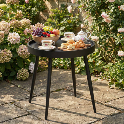 49.5 cm Round Garden Table, Small Outdoor Coffee Side Table with Plastic Tray-Style Top, Metal Legs, Garden Tables for Indoor, Patio, Porch, Balcony, Black