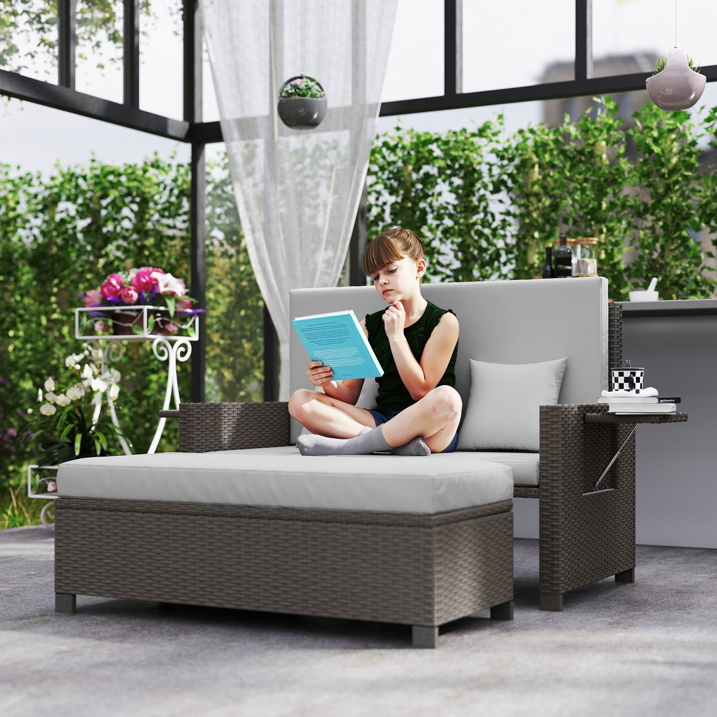 Garden Rattan Furniture Set 2 Seater Patio Sun Lounger Daybed Sun Bed