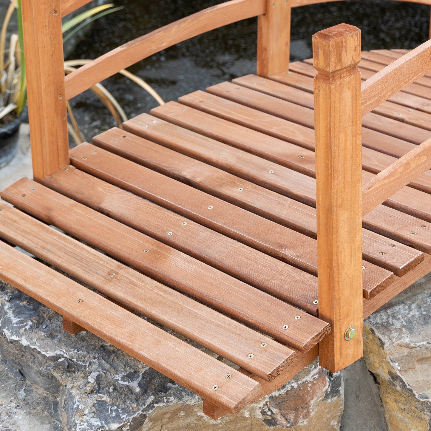 Wooden Garden Bridge with Safety Railings, Classic Arc Footbridge
