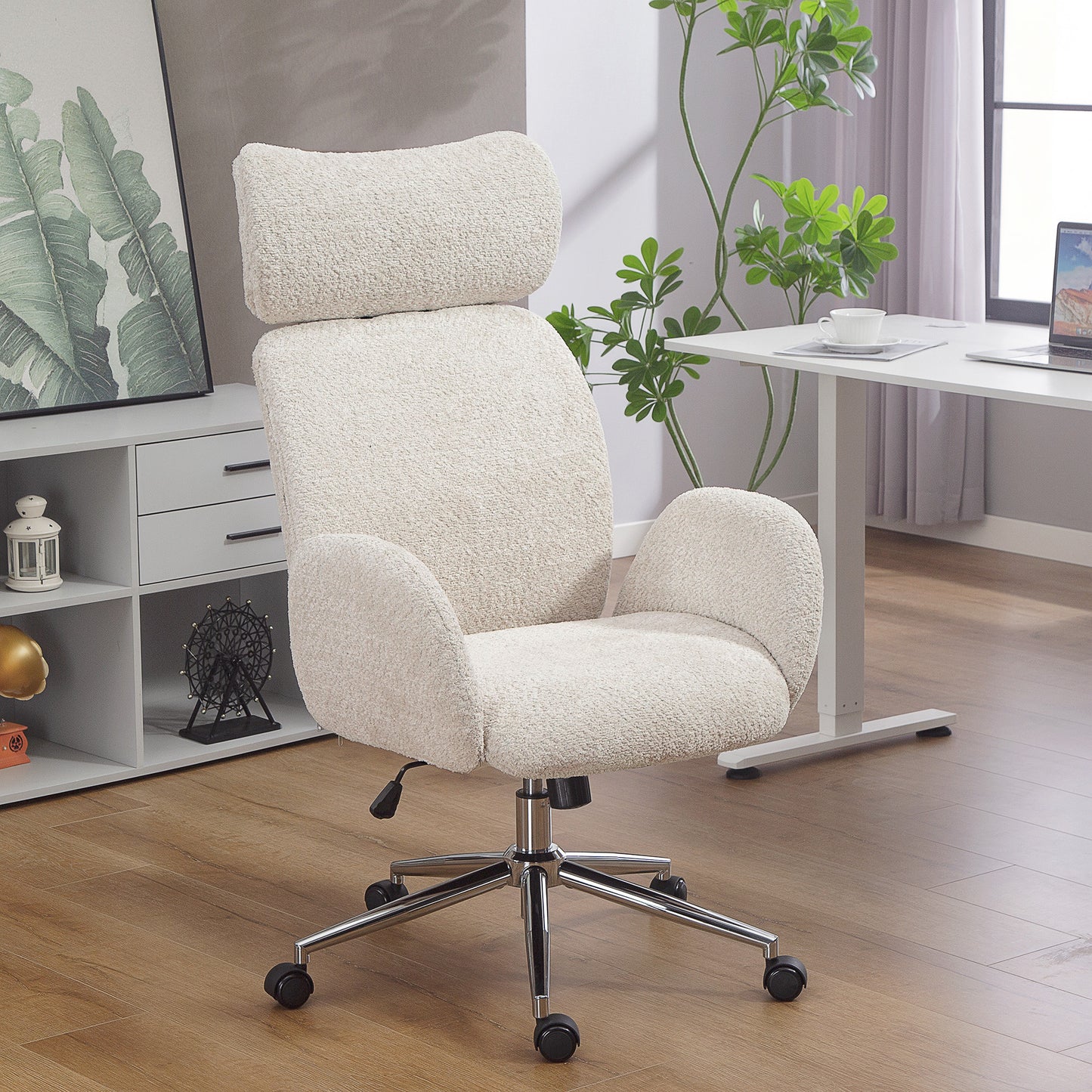 Office Chair with Adjustable Headrest, Comfy Desk Chair, Pale Grey