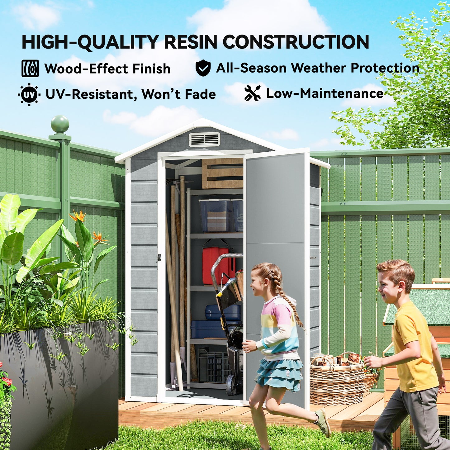 4 x 3 ft Plastic Small Garden Shed with Lockable Door, Light Grey