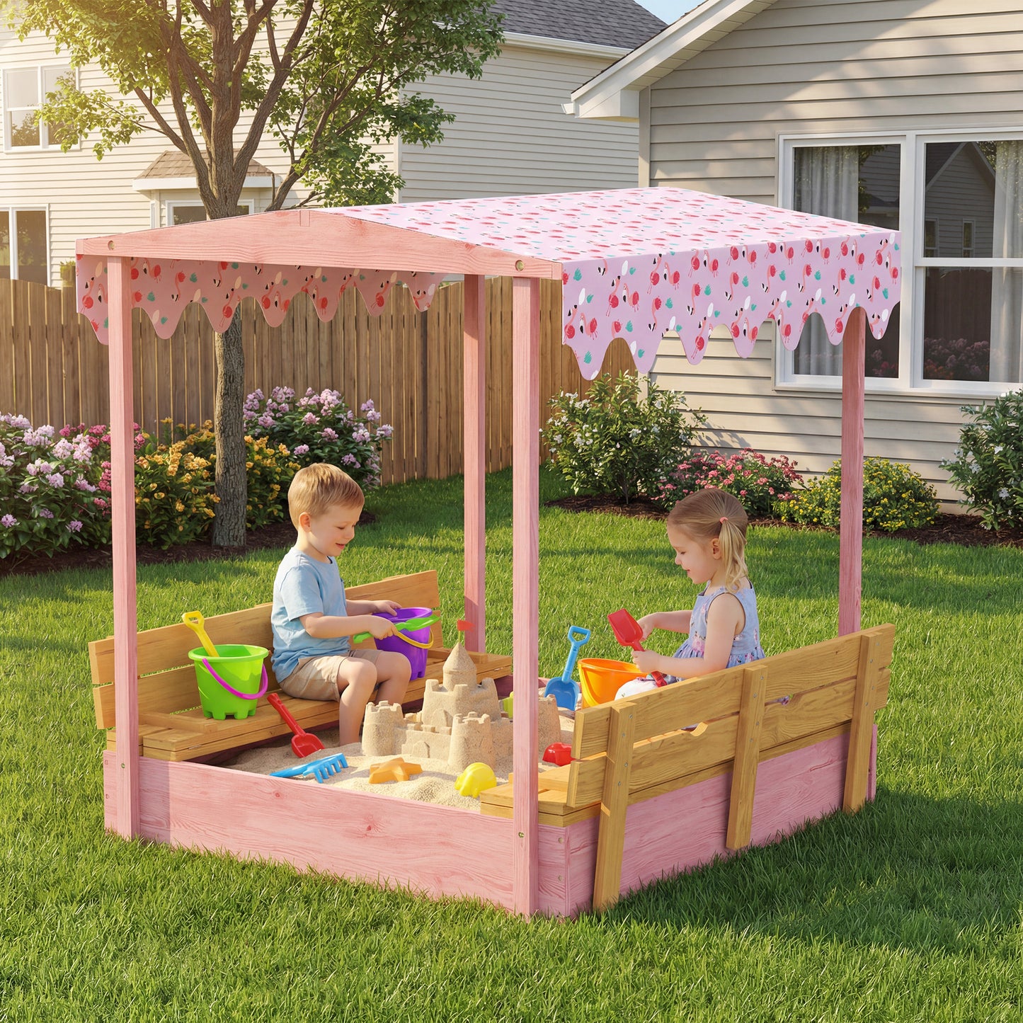 Wooden Sandbox with Lid, Canopy, Seat, Bottom Liner, Pink