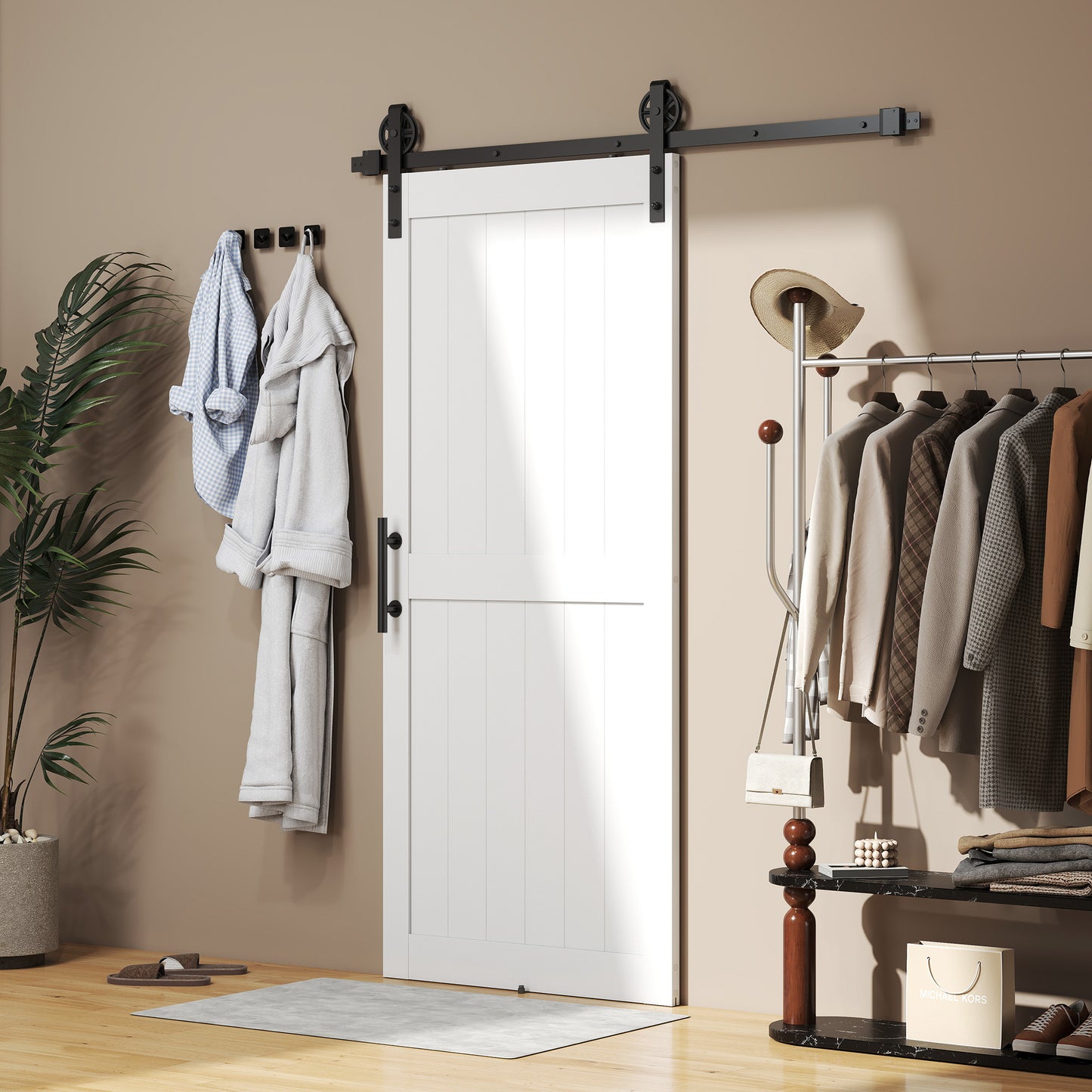 183cm Sliding Barn Door Kit, Sliding Door with Track, Hardware, Upgraded Rollers and Floor Guide, Industrial Handle, Water-Proof PVC Surface, White