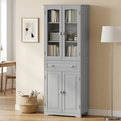 Kitchen Cupboard Storage Cabinet Adjustable Shelves, Glass Door, Grey