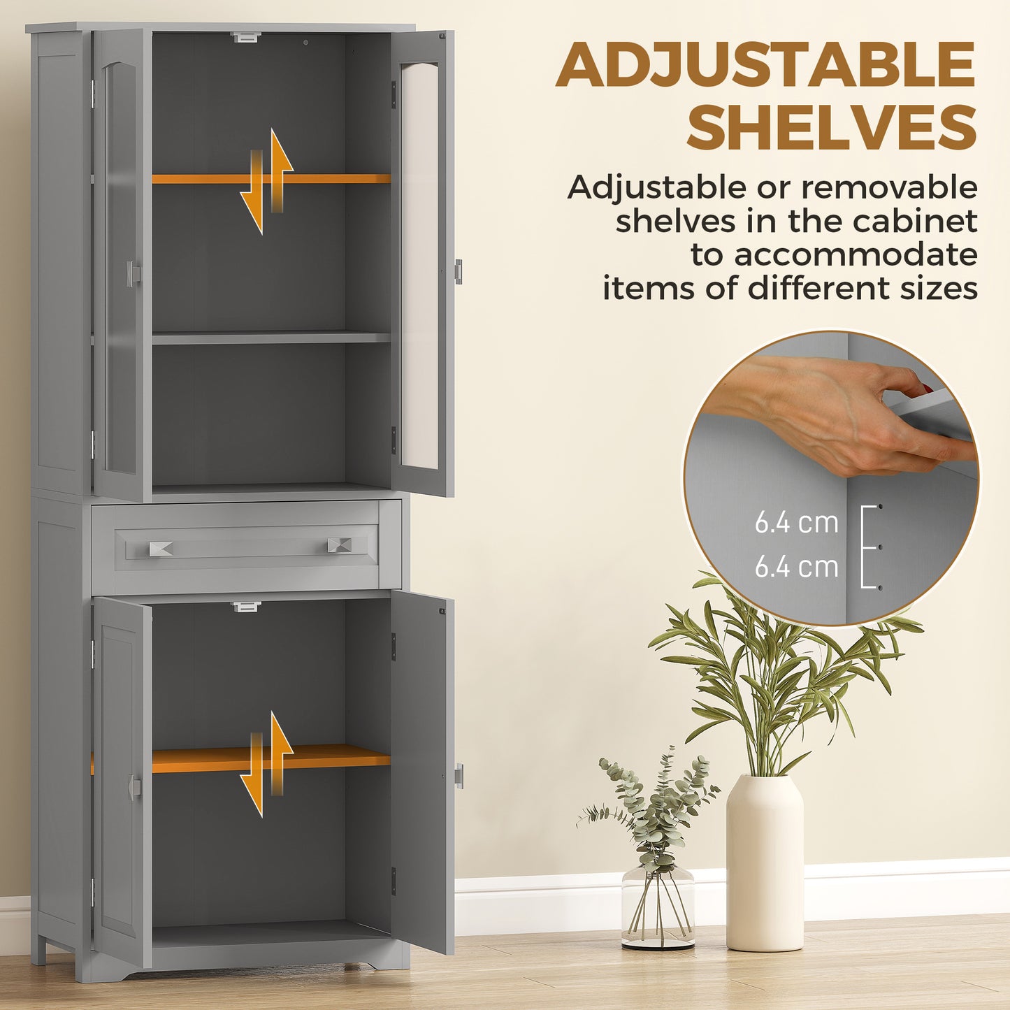 Kitchen Cupboard Storage Cabinet Adjustable Shelves, Glass Door, Grey