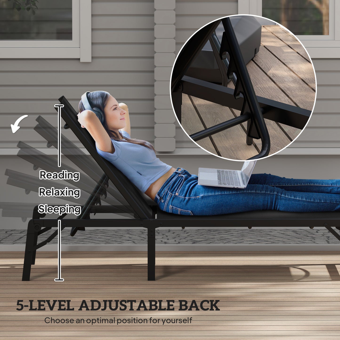 Folding Sun Lounger, 5-Position Adjustable Chaise Lounge, Black