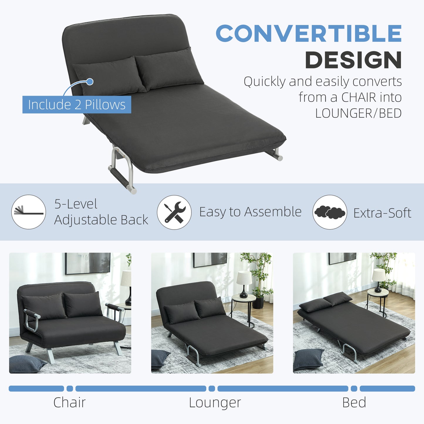 Fabric Convertible 2 Seater Sofa Bed w/ 2 Pillows, Charcoal Grey