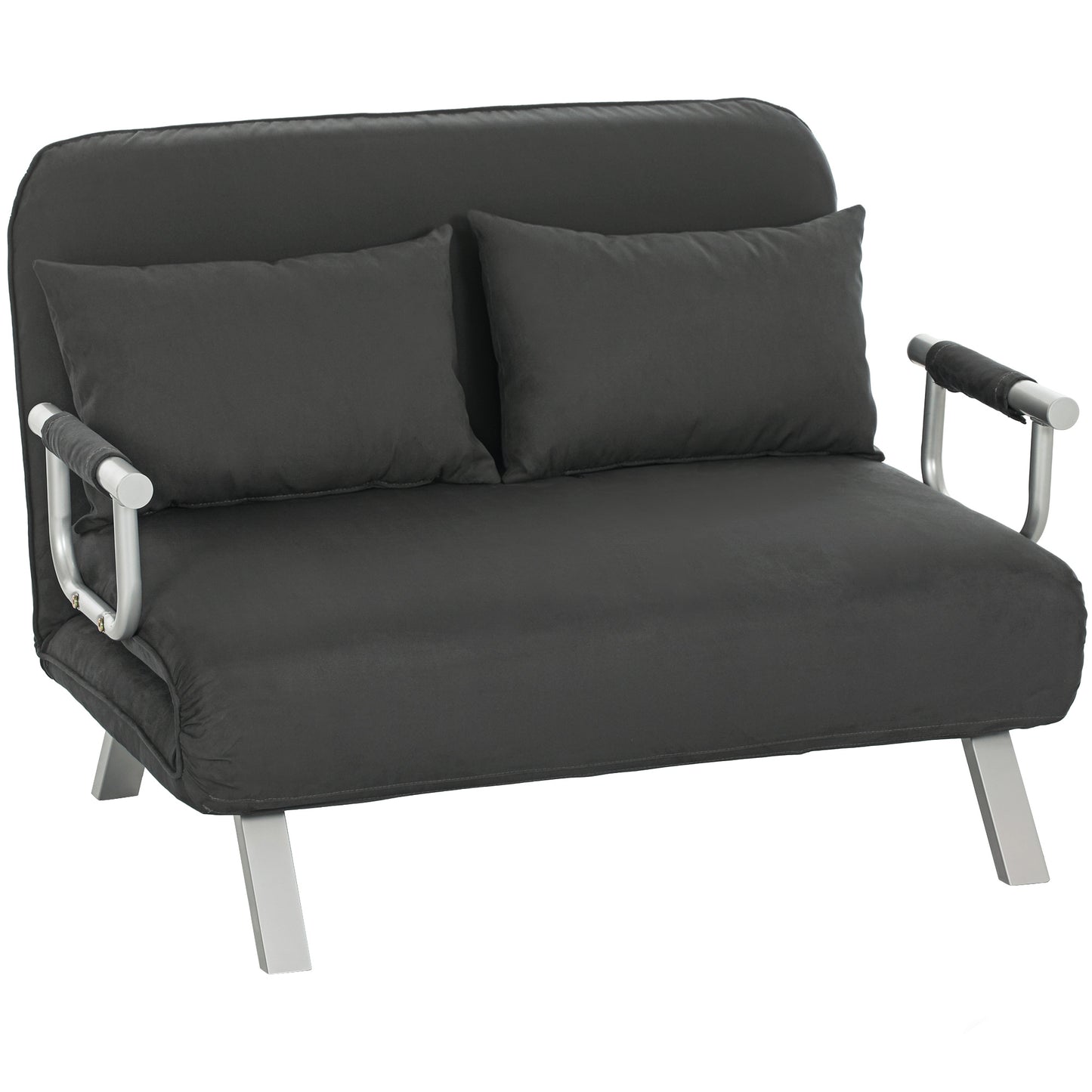 Fabric Convertible 2 Seater Sofa Bed w/ 2 Pillows, Charcoal Grey