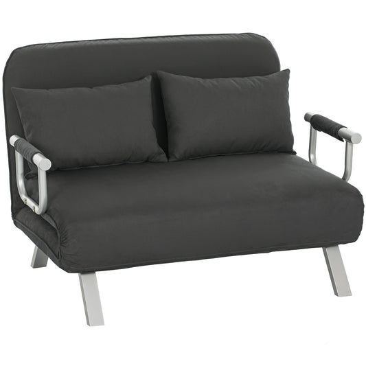 Fabric Convertible 2 Seater Sofa Bed w/ 2 Pillows, Charcoal Grey