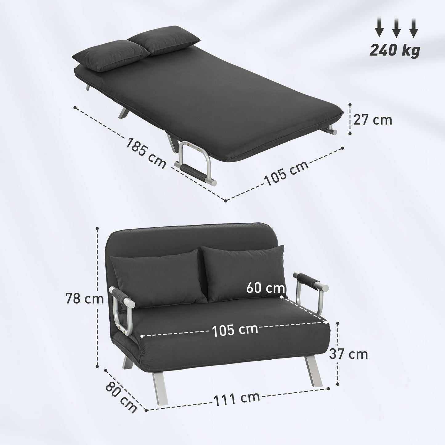Fabric Convertible 2 Seater Sofa Bed w/ 2 Pillows, Charcoal Grey