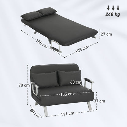 Fabric Convertible 2 Seater Sofa Bed w/ 2 Pillows, Charcoal Grey
