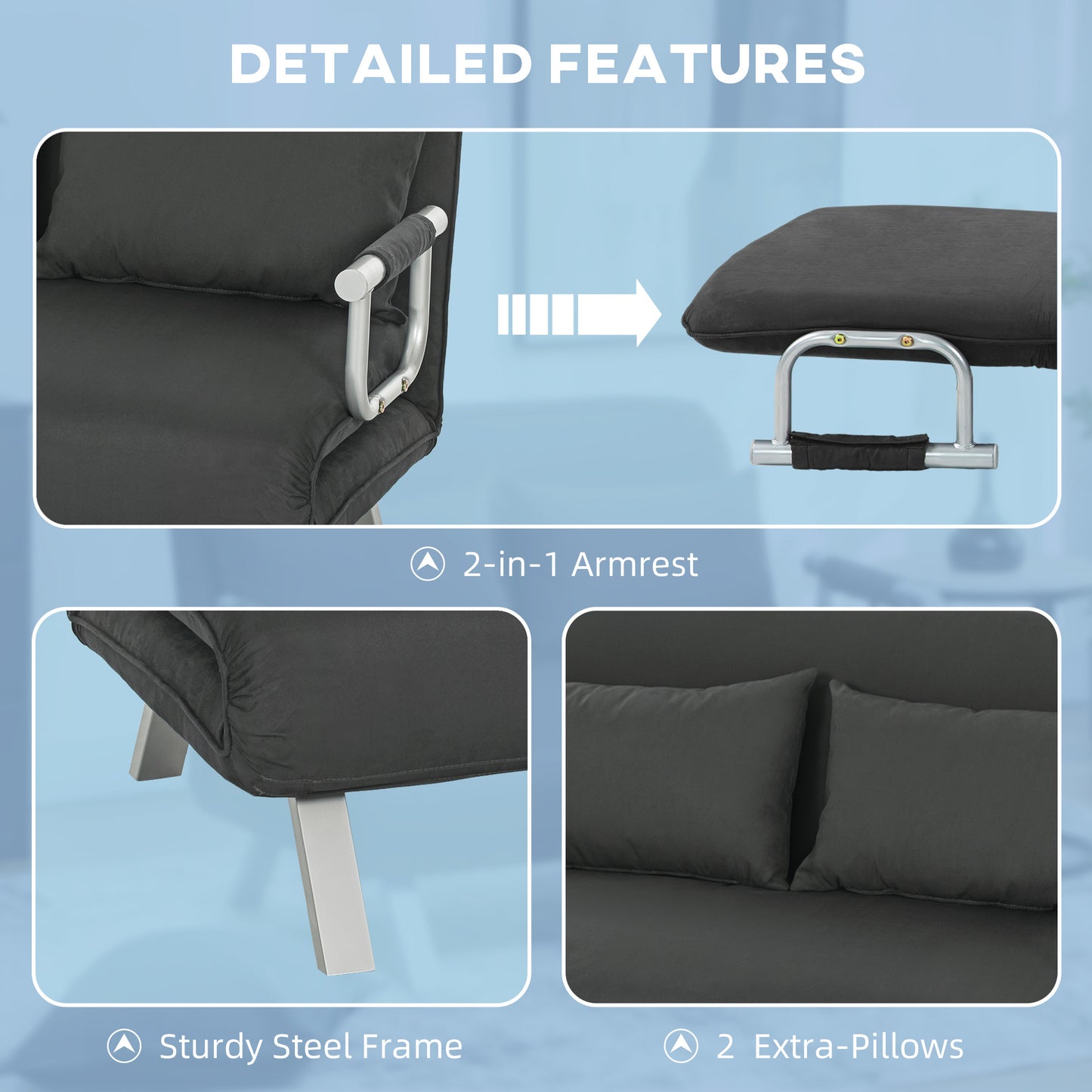 Fabric Convertible 2 Seater Sofa Bed w/ 2 Pillows, Charcoal Grey