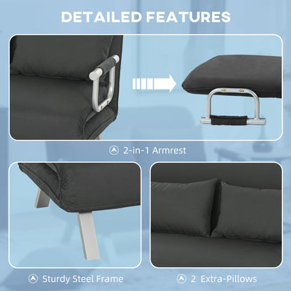 Fabric Convertible 2 Seater Sofa Bed w/ 2 Pillows, Charcoal Grey
