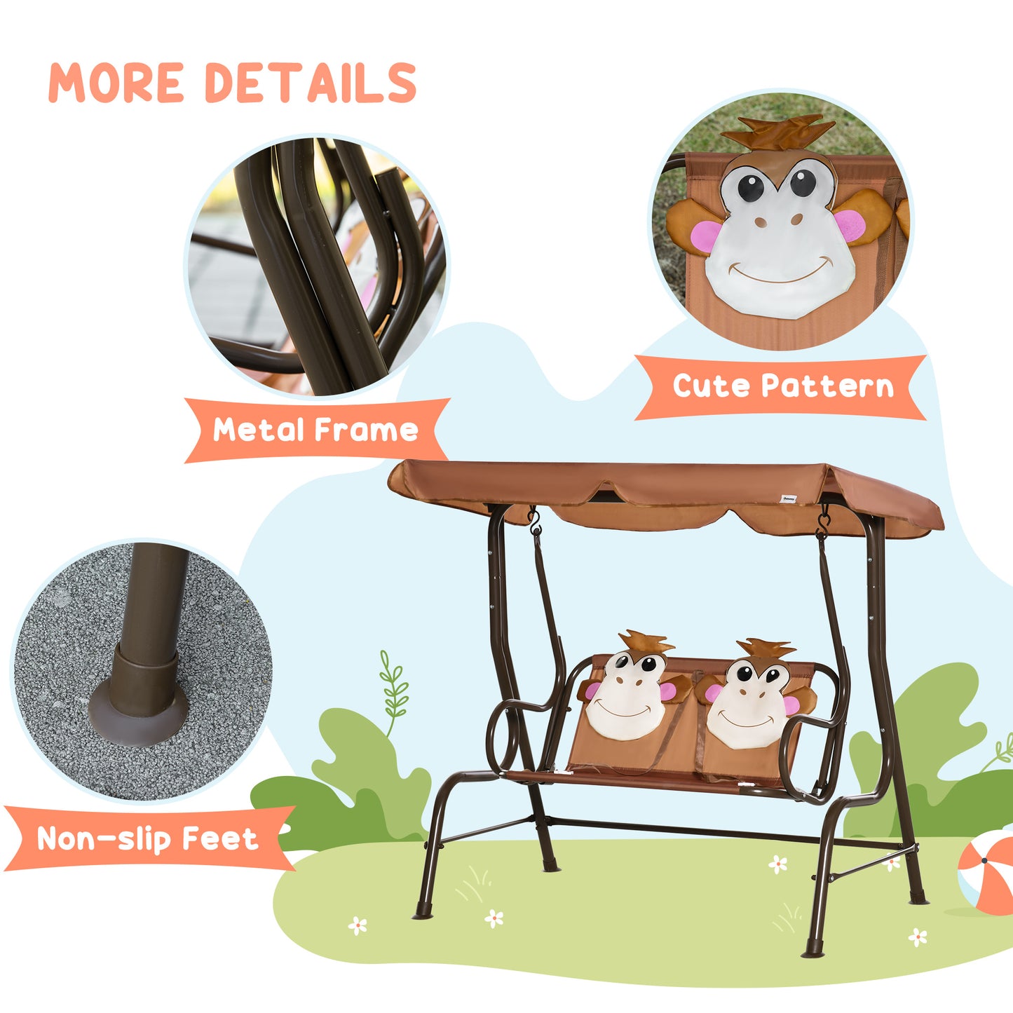 2 Seat Kids Canopy Swing Chair w/ Adjustable Awning, Seatbelt - Brown