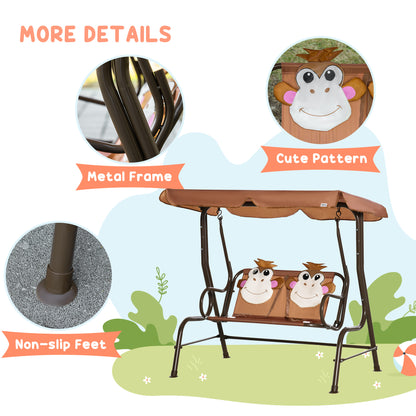 2 Seat Kids Canopy Swing Chair w/ Adjustable Awning, Seatbelt - Brown