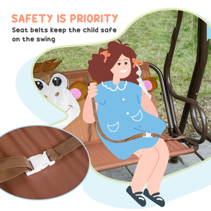 2 Seat Kids Canopy Swing Chair w/ Adjustable Awning, Seatbelt - Brown