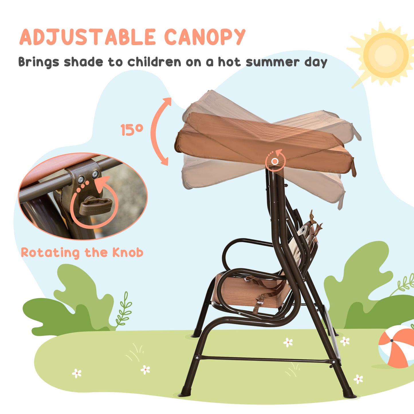 2 Seat Kids Canopy Swing Chair w/ Adjustable Awning, Seatbelt - Brown