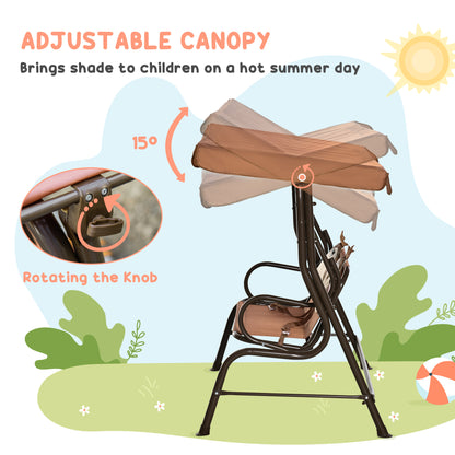 2 Seat Kids Canopy Swing Chair w/ Adjustable Awning, Seatbelt - Brown