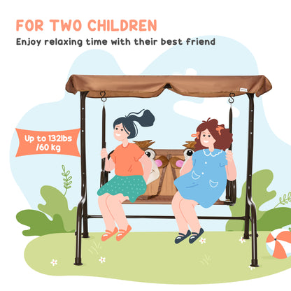 2 Seat Kids Canopy Swing Chair w/ Adjustable Awning, Seatbelt - Brown