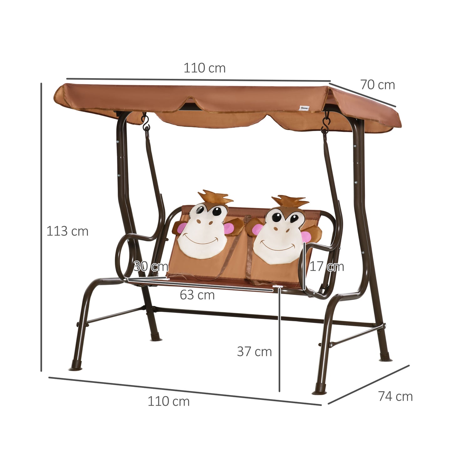 2 Seat Kids Canopy Swing Chair w/ Adjustable Awning, Seatbelt - Brown