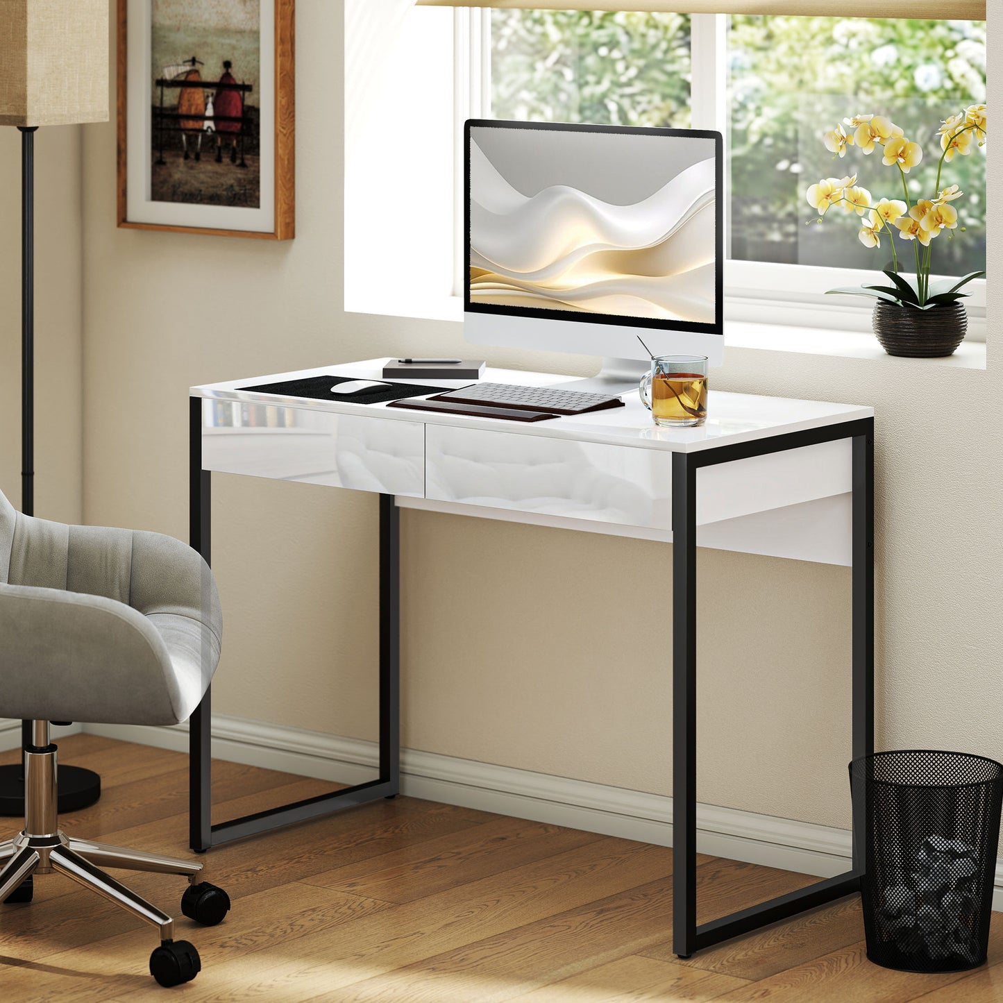 Modern Home Office Desk with High Gloss 2 Drawers Finish White Black