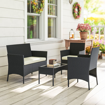 4 Piece Rattan Garden Furniture Sofa Set with Cushions, Cream White