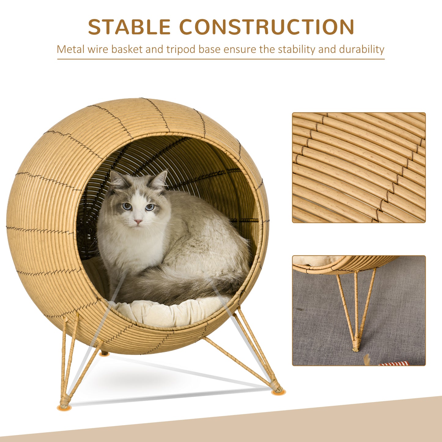 Wicker Cat Bed Elevated Rattan Kitten Basket Cozy Cave w/ Soft Cushion